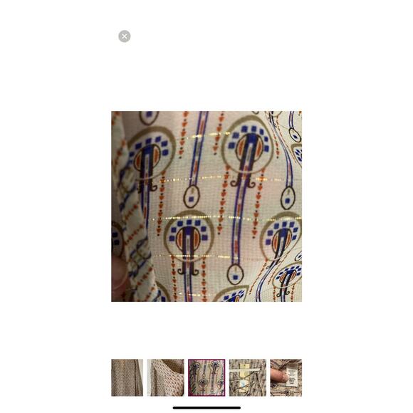 NWT Boutique Emory Park L/S Peasant Blouse Lace Up Neckline Taupe Navy Pattern L - Picture 8 of 11